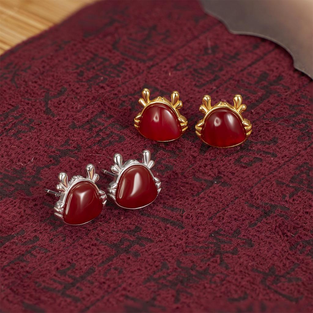 Серьги-гвоздики Fulong из стерлингового серебра 925 пробы с агатом, женские новые простые ретро-серьги в китайском стиле, натальный год, зодиакальный дракон, сокровище