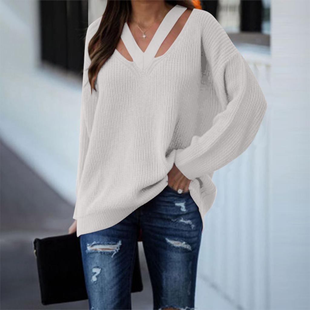 Женский модный свободный свитер с V-образным вырезом и длинным рукавом, однотонный повседневный свитер