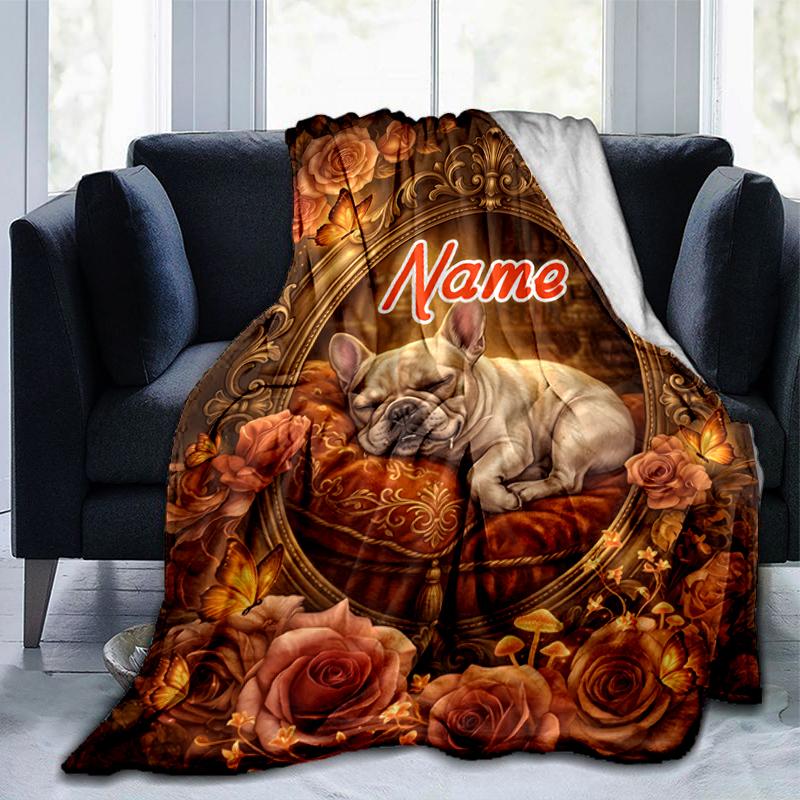 1PC Custom Name "Floral Frame Dog" flannel blanket versatile,all-season throw suitable for the living room,bedroom,camping,travel,and gift