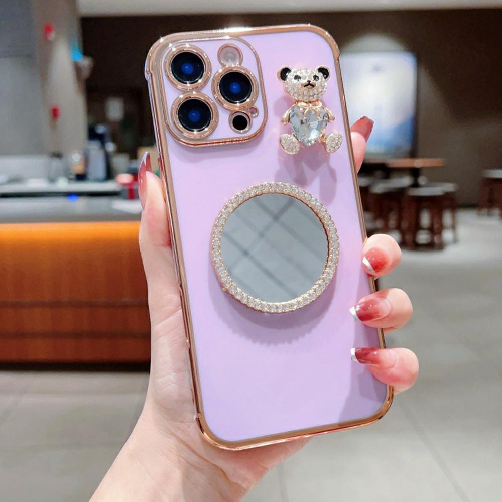 Чехол для iPhone 16 Pro с рисунком сердечек, гальванизированный ТПУ чехол для телефона с маленьким мишкой и зеркалом