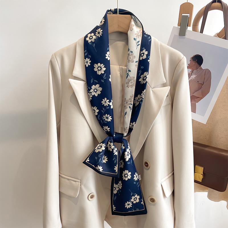 Women Silk Feel Printed Design Scarf Shawl Fashion Luxury Long Narrow Small Silk Scarves Ladies Headband Headscarve Bags Wrap