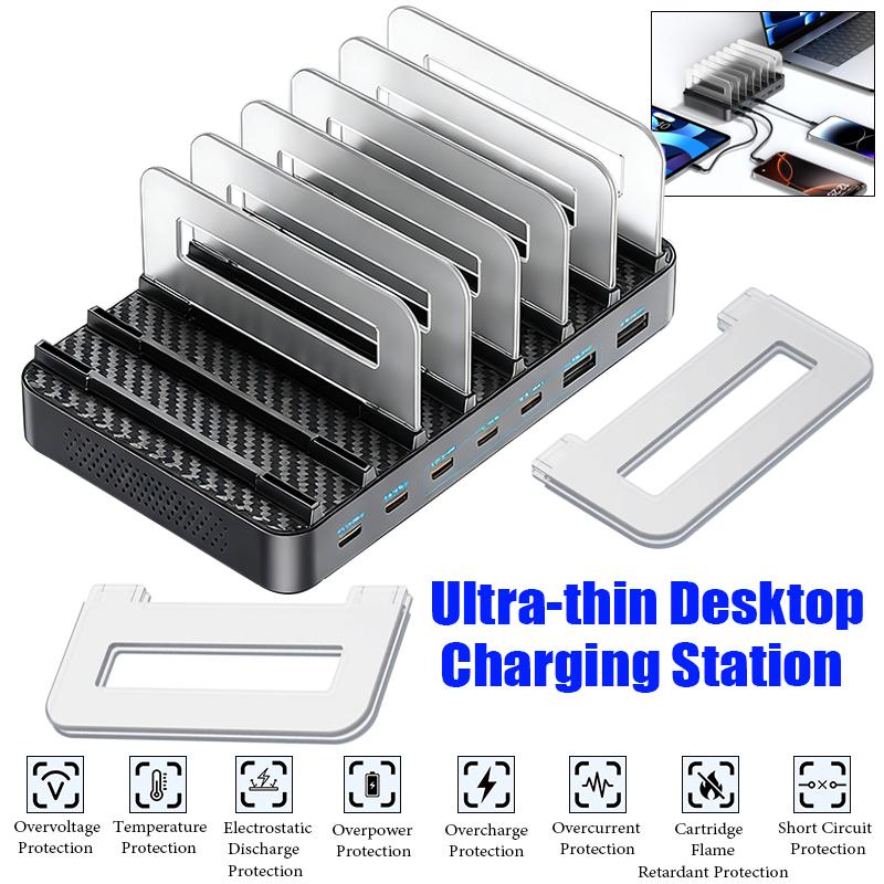 Высокомощная настольная зарядная станция 288 Вт GaN, 8 портов USB, многопортовое зарядное устройство с выдвижным кабелем для мобильных телефонов и компьютеров