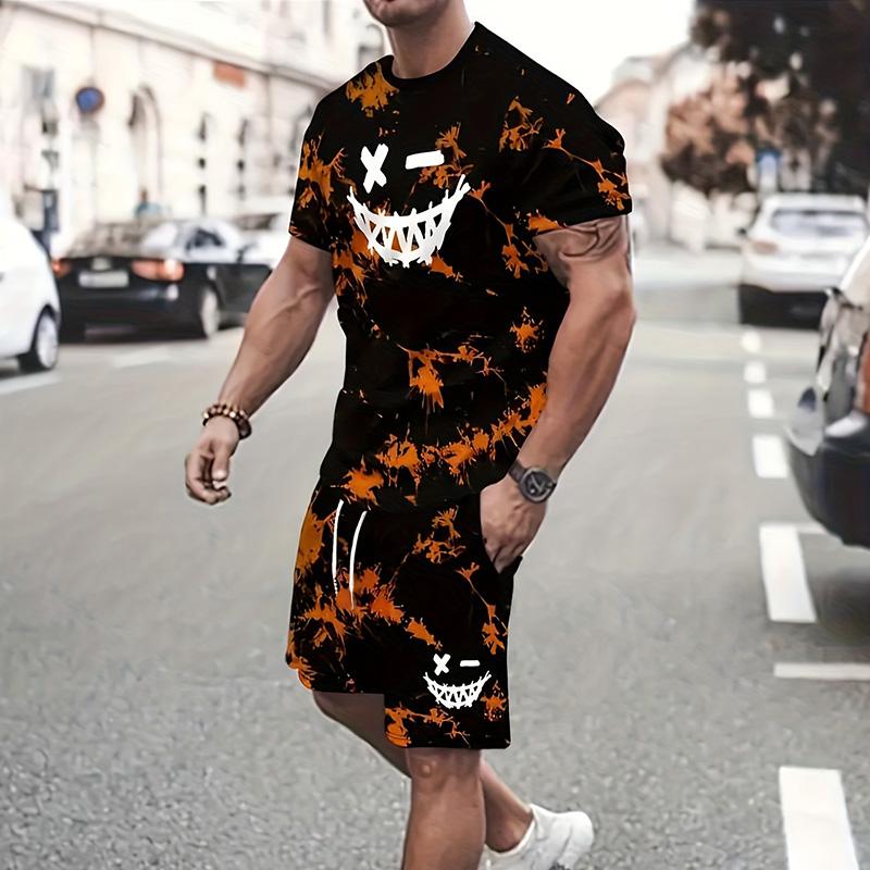 Мужской костюм, летний повседневный дышащий освежающий костюм с принтом 3D Evil Face, большой мужской свободный топ, модный с короткими рукавами