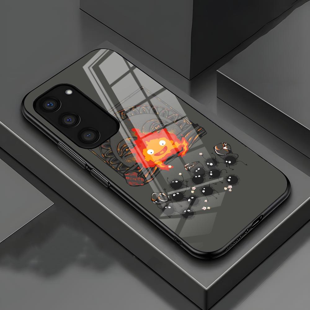 Аниме Милый Чехол-Калькулятор Кальцифер для Samsung S26 S25 S24 FE S23 S22 S21 Plus S20 Ultra Note20Ultra Черная Стеклянная Крышка