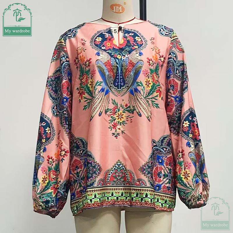 Women Bohemian Clothing Shirt Vintage Floral Print Tops Ladies Blouses Balloon Sleeve Shirt