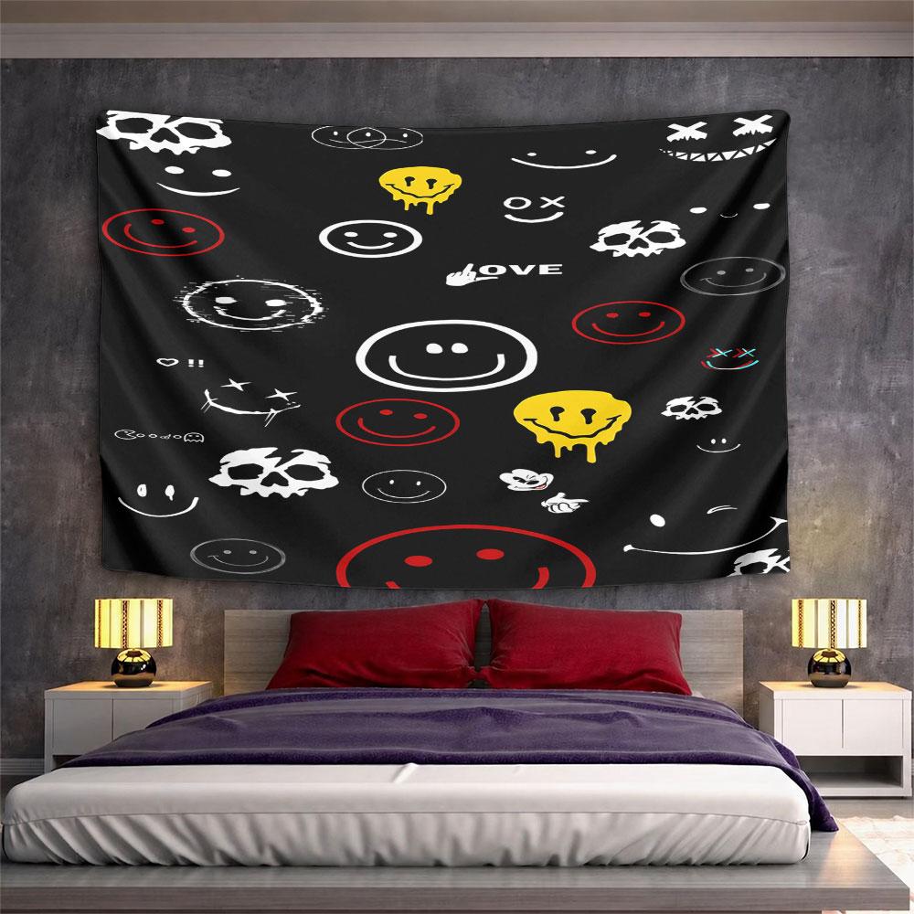 Smiley Faces and Skulls Tapestry Design Pattern Wall Hanging Tapestry Decorative Tapestry Home Decor for Bedroom and Living Room