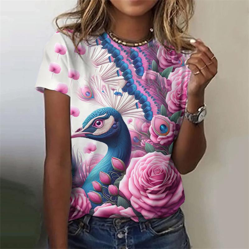 Красивая футболка с узором павлина для женщин, цветочные футболки с 3D-принтом, модные свободные футболки с короткими рукавами и круглым вырезом
