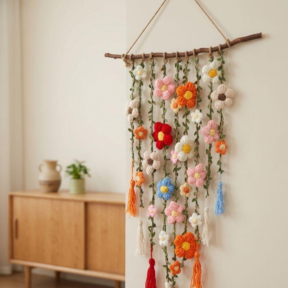 Natural Wooden Branch Flower Vine Tassel Ornament Hand Knit Flower Tapestry Living Room