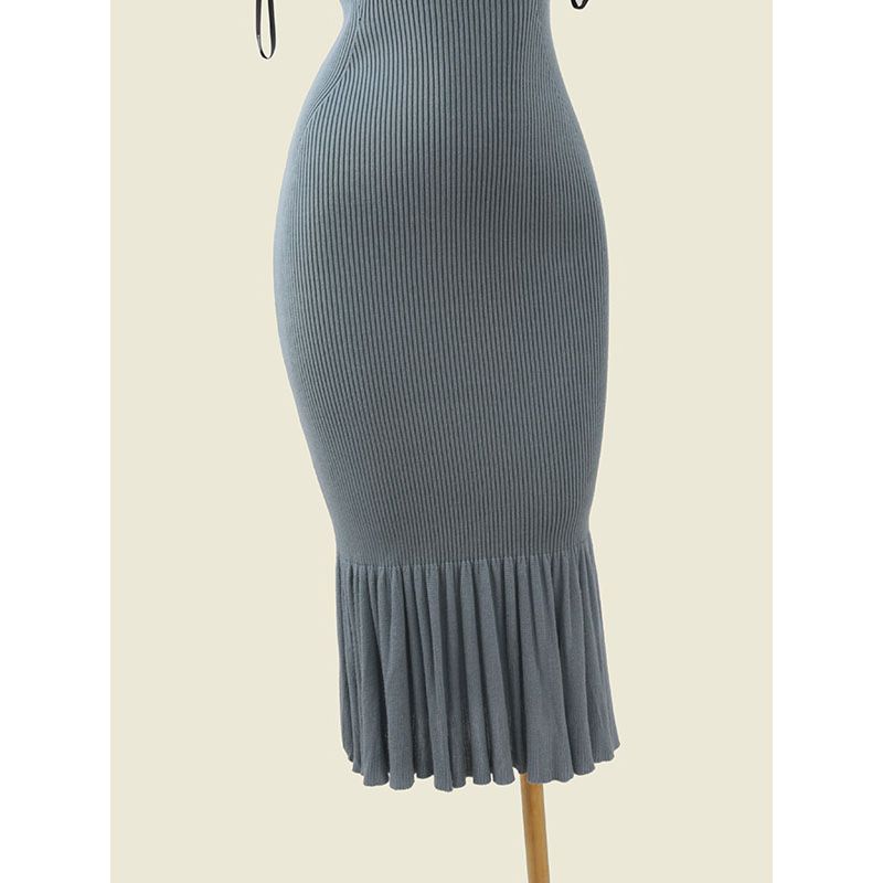 Foreign Trade Original Order Pure Desire Beauty Back Dress Pleated Fishtail Narrow Shoulder Hanging Neck Knitted Vest Skirt Women