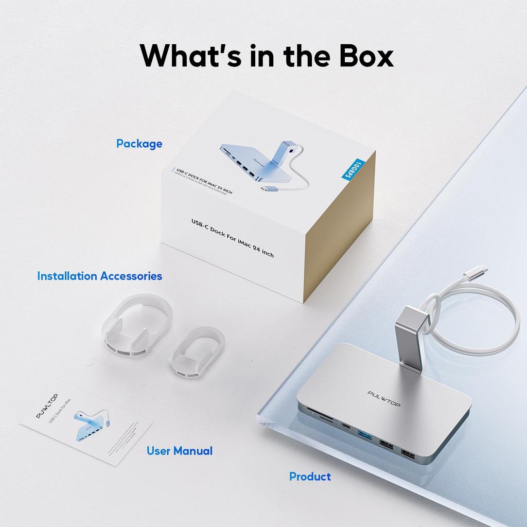 PULWTOP 6 в 1 USB C Hub для iMac Аксессуары для iMac Hook Type USB C Hub Hub 1 x 1 x 1 x Устройство чтения карт для iMac Studio Display Silver 24" 2021/2023 3.2