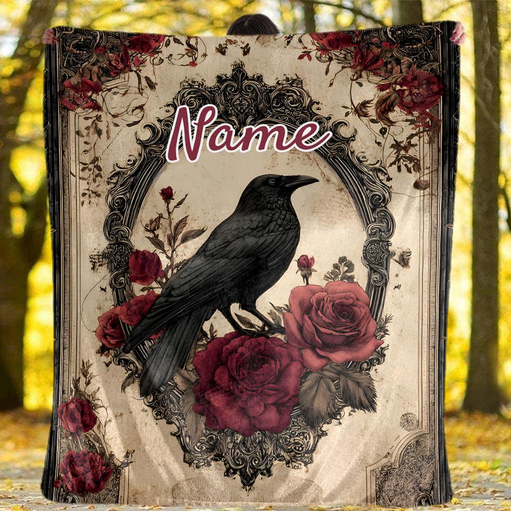 Outdoor Customize Your Name Blanket Elegant Crow With Roses Design Comfortable Soft Lightweight Allseason Multipurpose Blanket For Travel Camping