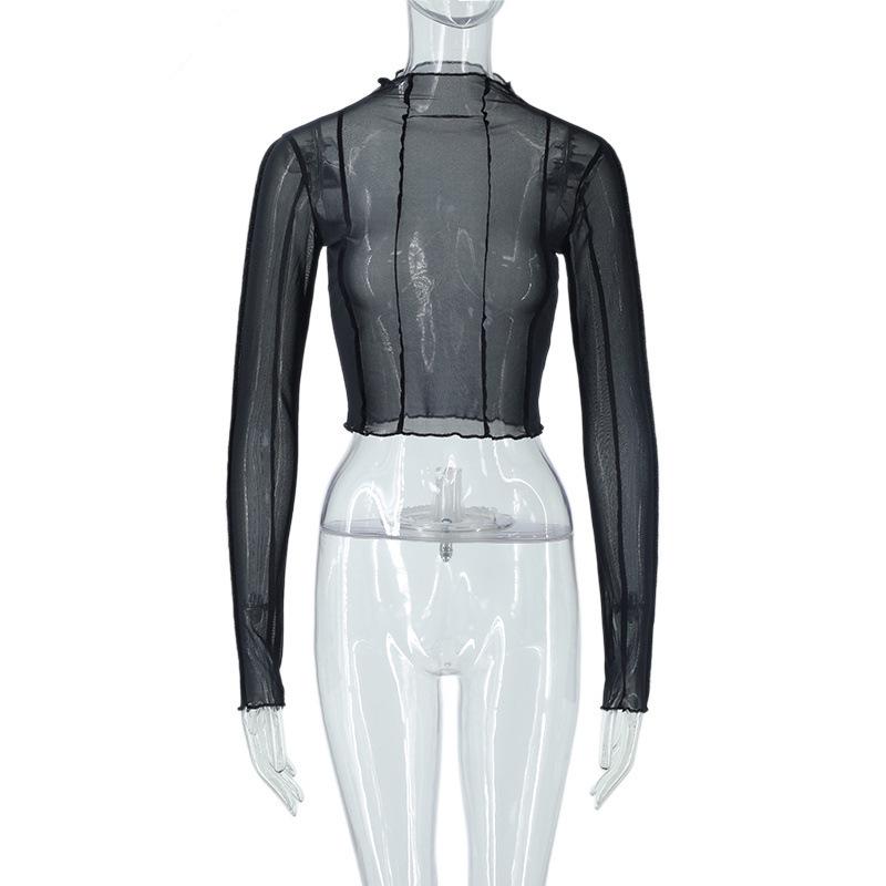 European Style Women's Sexy Round Neck Long Sleeve Mesh See-Through Cropped Top, 2026 Collection.