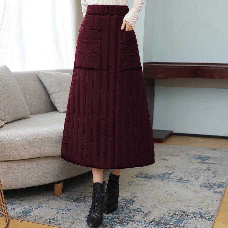 Winter and Autumn New Thickened Warm Cotton Elastic High Waist Slim Pocket Skirts Black