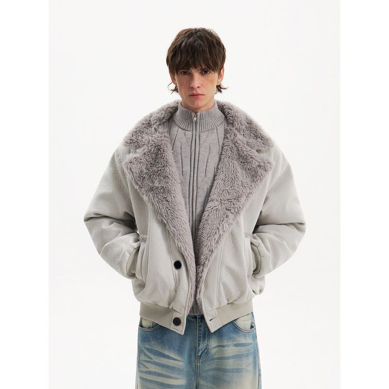 Blaexit Retro Faux Rabbit Fur Collar Mountain Carving Jacket Men's Thickened Winter Cotton Coat Textured Suede Jacket
