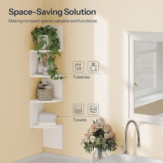 Floating Corner Shelf Wall Mounted 4-Tier 5-Tier Corner Zigzag Shelf Radial Wall Floating Shelf for Home Office Living Room Bedroom