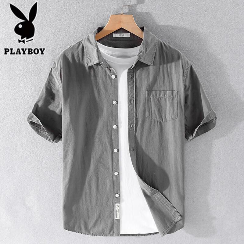 PLAYBOY Мужская повседневная рубашка с коротким рукавом из чистого хлопка