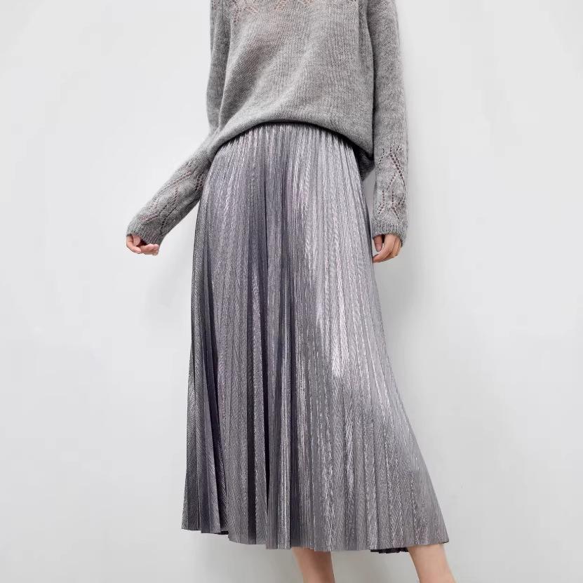 2026 Spring Elegant High-Waisted A-Line Pleated Midi Skirt for Women