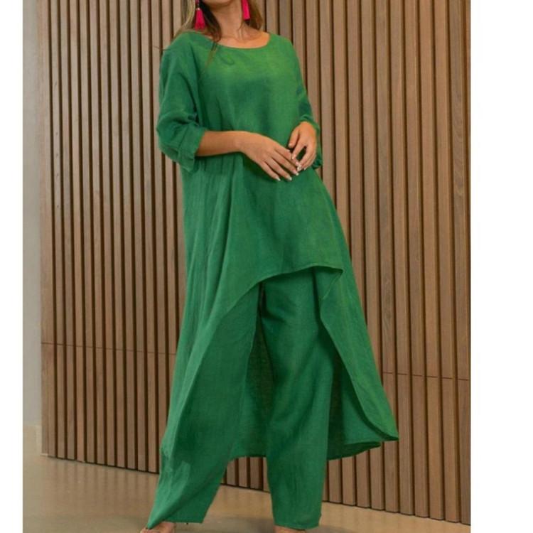 Summer Women Fashion Casual Cotton Linen Suit Irregular Long Sleeve Wide Leg Pants Two-piece Suit Plus Size
