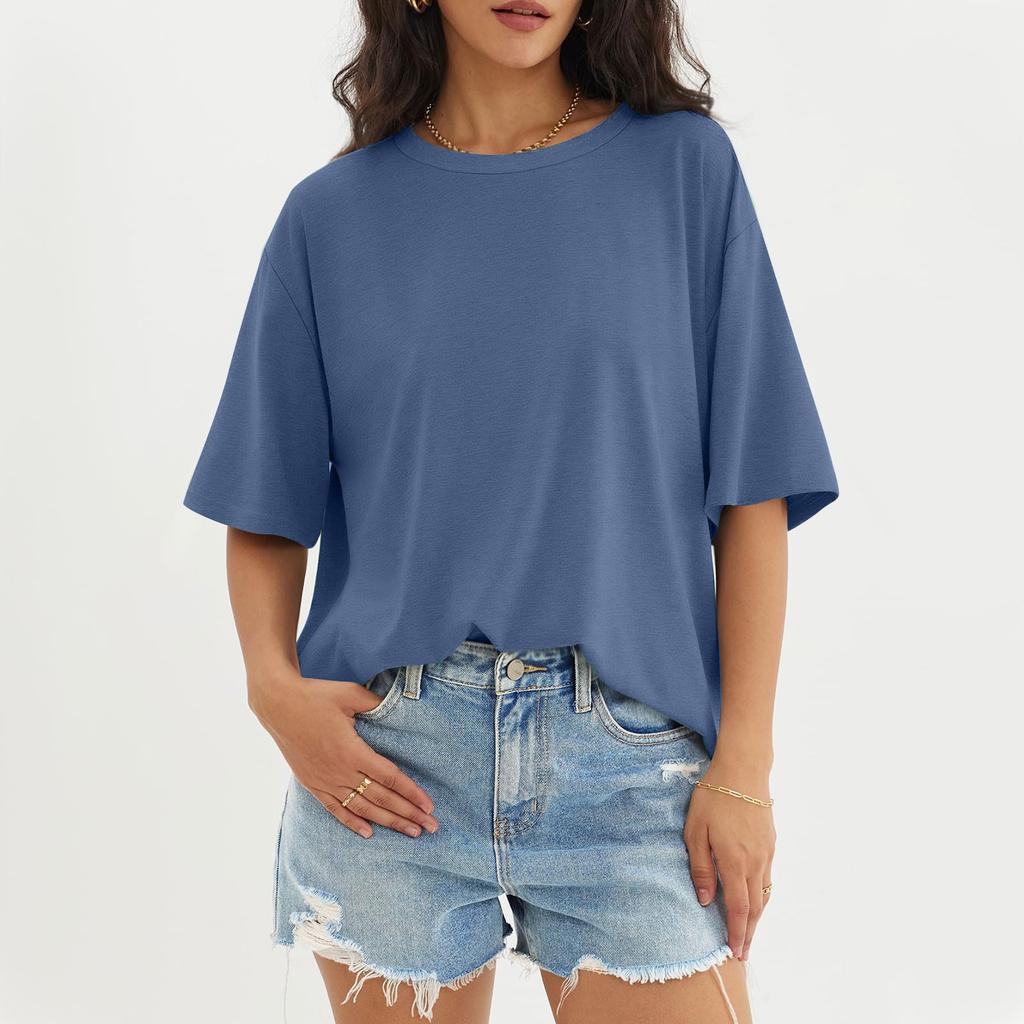 Женский модный повседневный однотонный топ с круглым вырезом и тремя рукавами с половиной рукавами