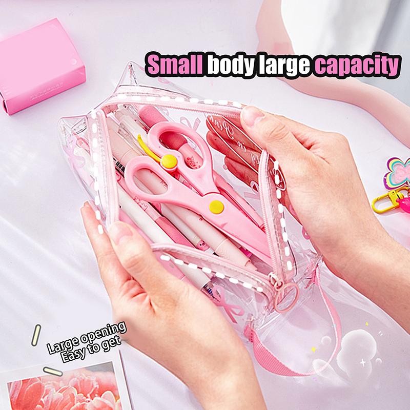 Kawaii Bow Pencil Case Large Capacity Double Layer Transparent Portable Pencil Case School Student Stationery Supplies