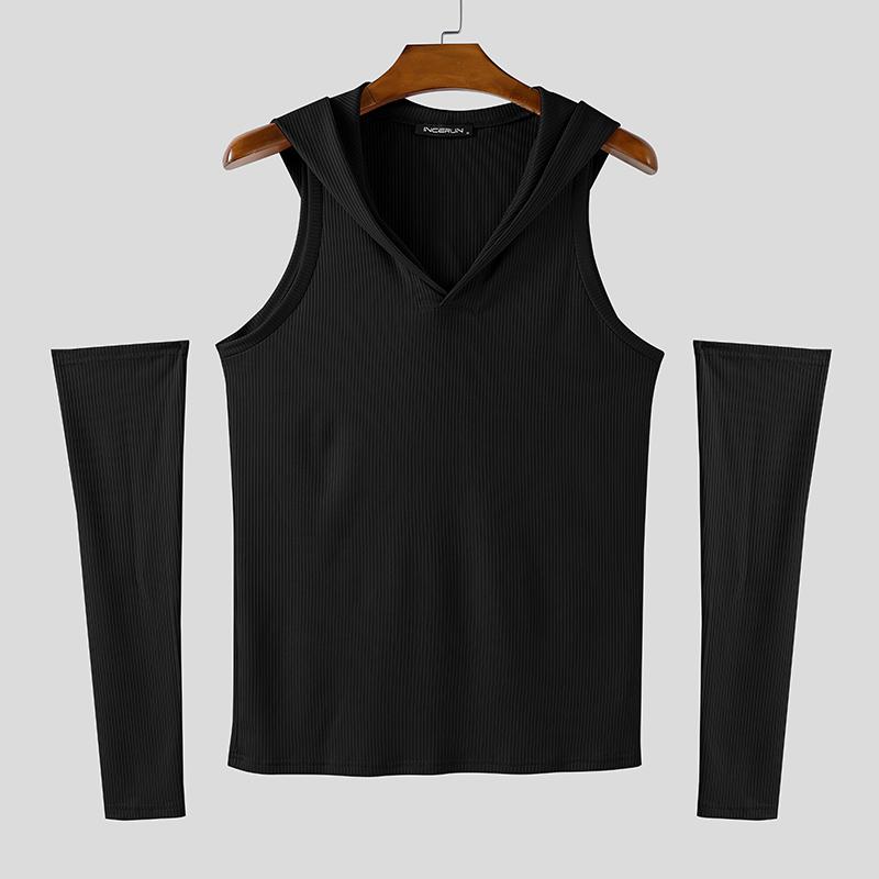 INCERUN Мужские безрукавные рубчатые повседневные облегающие майки с капюшоном и рукавами