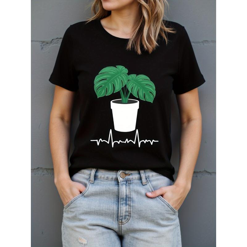 Black Botanical Tee Green Monstera Leaf Palm Print Short Sleeve Round Neck Casual Unisex Spring Summer Fall Plant Lover Comfortable Shirt