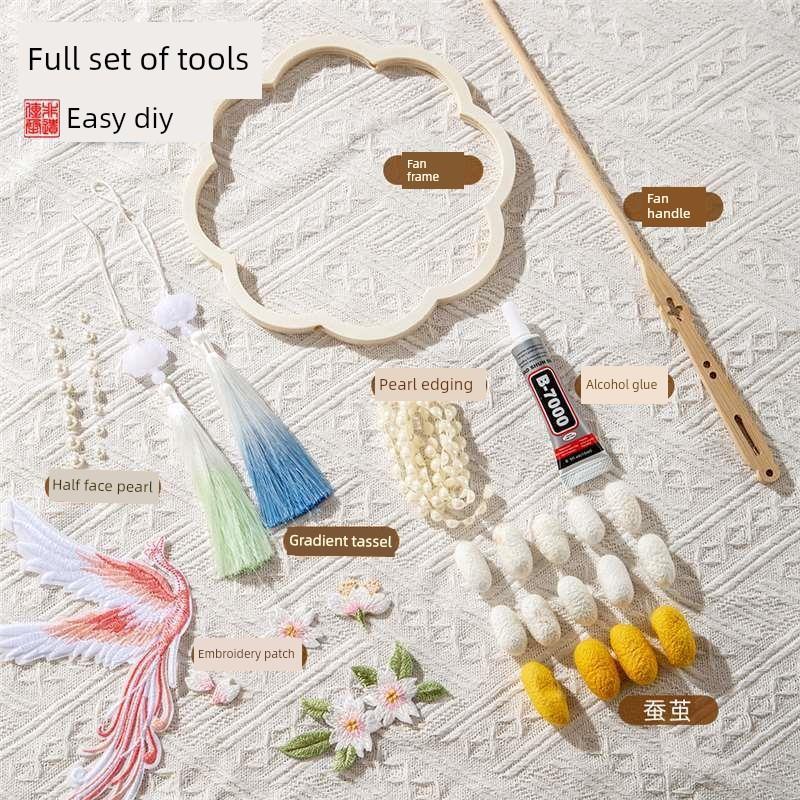 Silk Fan DIY Materials, Traditional Crafts for Children, Handmade Silk Cocoon Ancient Style Chinese Style Round Fan Frame Embroidery Kit
