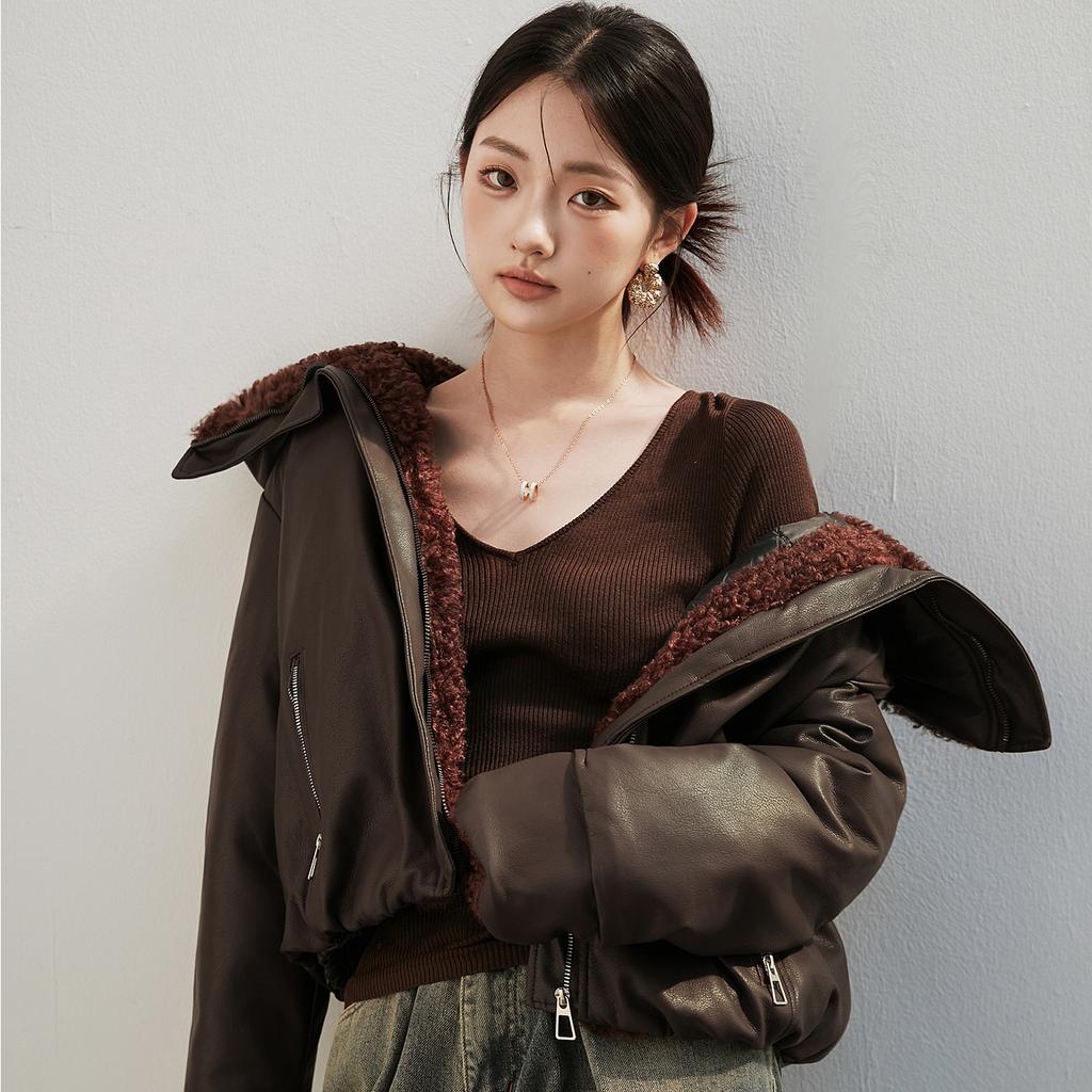 PU leather jacket women's lamb wool pie overcome short cotton-padded clothes winter new vintage small man fleece jacket