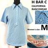 Excellent H BAR C CALIFORNIA RANCHWEAR Short Sleeve Polo Shirt Ladies M Butterfly Pattern Blue 70s-80s Vintage Western Tops Shirts(USED)