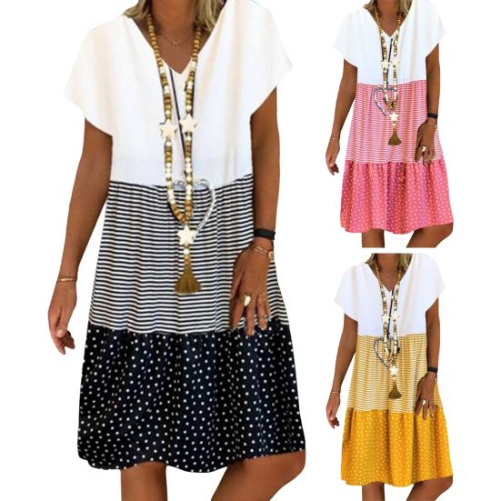 Женское летнее платье с цветными блоками и V-образным вырезом, короткими рукавами, свободным цифровым принтом, плиссированное платье-трапеция для свиданий, на каждый день