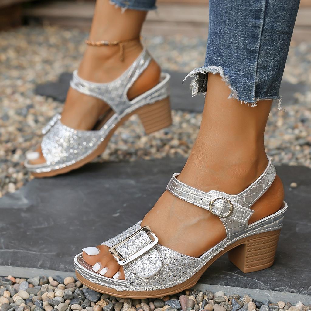 Women's Wide Width Buckle Sandals, Chunky Heel Summer Slides, Wholesale High Heel Mules In Stock