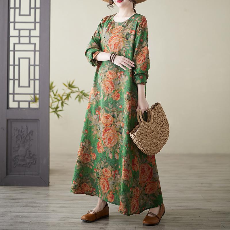 Весеннее литературное платье больших размеров с принтом, круглым вырезом, длинными рукавами, повседневное платье для женщин, вечерние платья