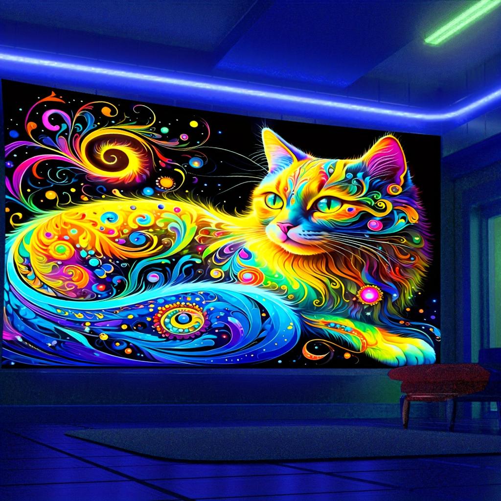 Psychedelic Cat Fluorescent Tapestry Outer Space UV BlackLight Tapestry, Wall Hanging For Living Room Bedroom Office Home Decor