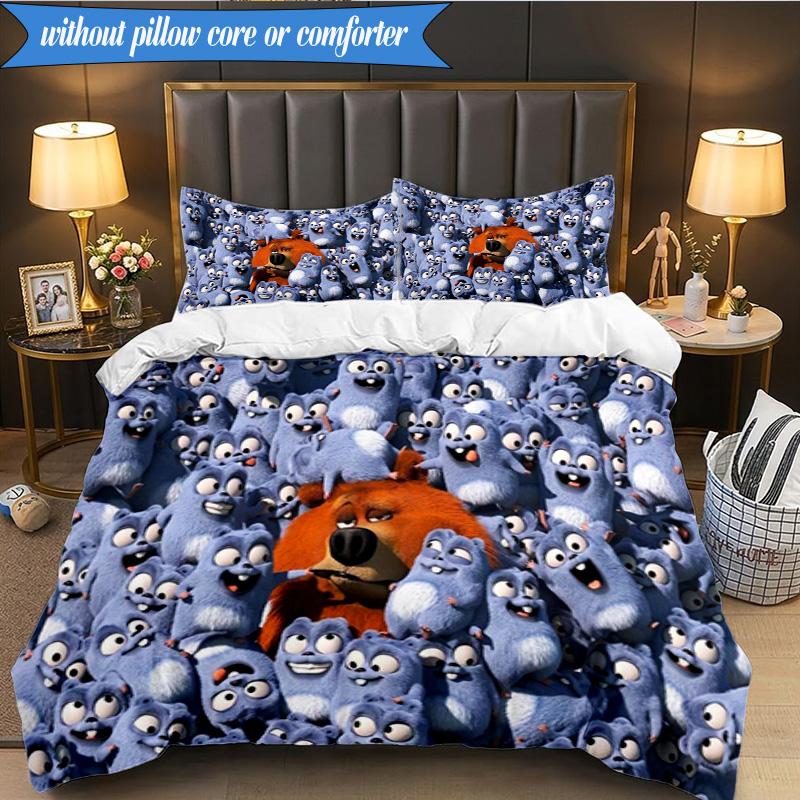 Bear And Blue Critter Adventure 3pcs K-pop music group Bedding set,Ideal for Bedroom, Dormitory,Including Duvet Cover And 2pcs Pillowcases,Fan gifts