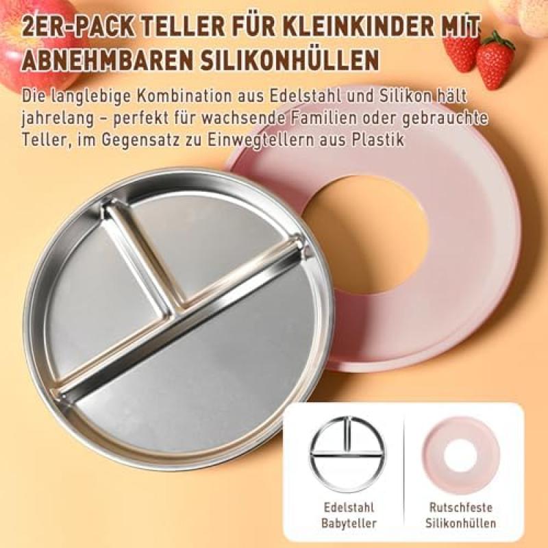 2-Pack Stainless Steel Suction Plate Baby Silicone Plate Set with 2 Forks & Spoons, BPA-Free Food-Grade Material | Dishwasher Safe | Easy to Clean