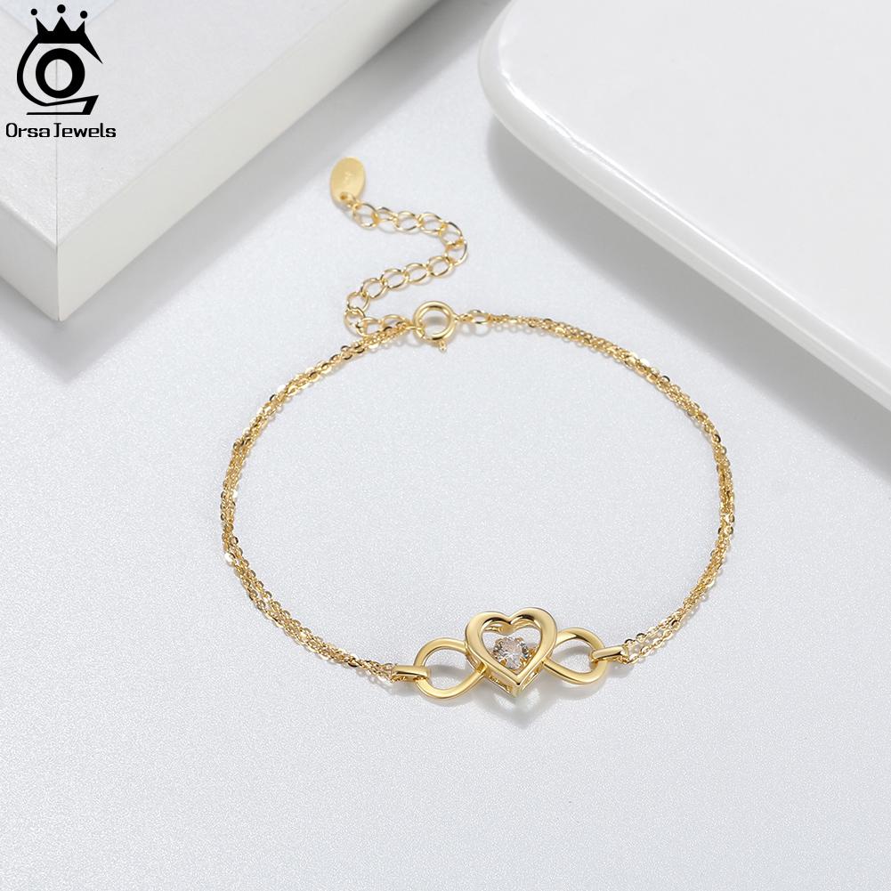 ORSA JEWELS Модный браслет-цепочка из стерлингового серебра 925 пробы с двойным сердцем для женщин, девушек, мам, лучший подарок на день рождения SB135
