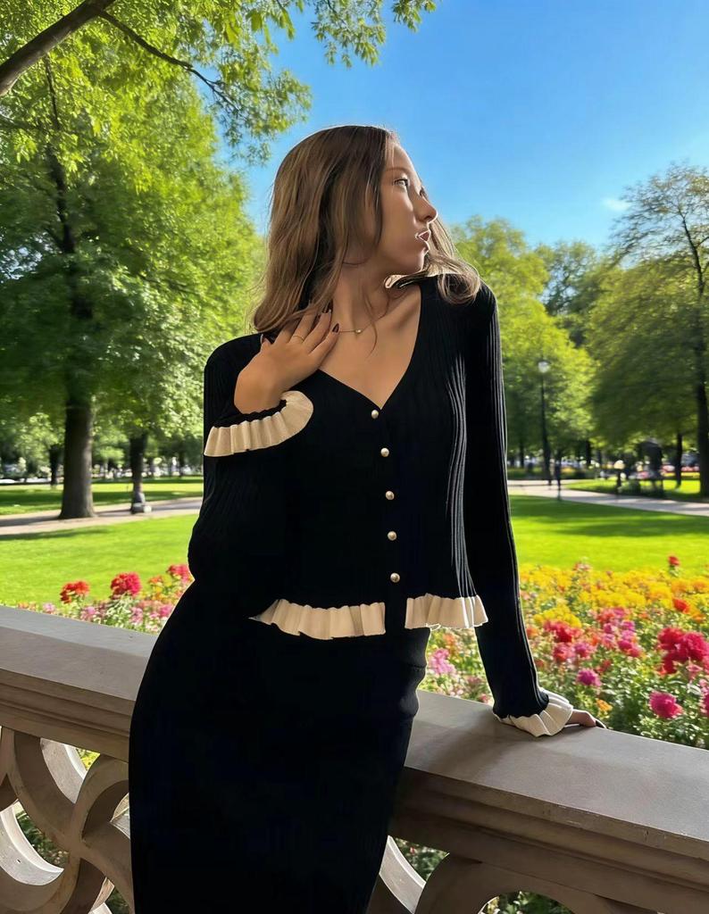 Европейский Шик Осень/Зима Женский Комплект: Вязаный Кардиган и Юбка с Элегантными Французскими Воланами