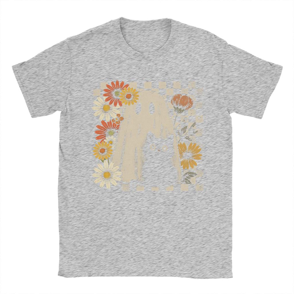Boho Floral Fall Ghost Cat Halloween T Shirt Summer Hippie T-Shirts Mens Cotton O Neck Oversize Tees Short Sleeves Tshirt