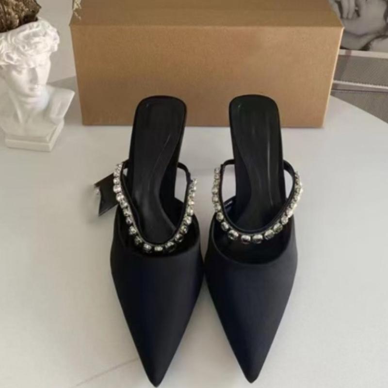 Летние туфли-мюли на высоком каблуке для женщин, бежевые, черные, замшевые, блестящие, с бриллиантовой цепочкой, сексуальные, с острым носком, босоножки для вечеринок, с открытой пяткой