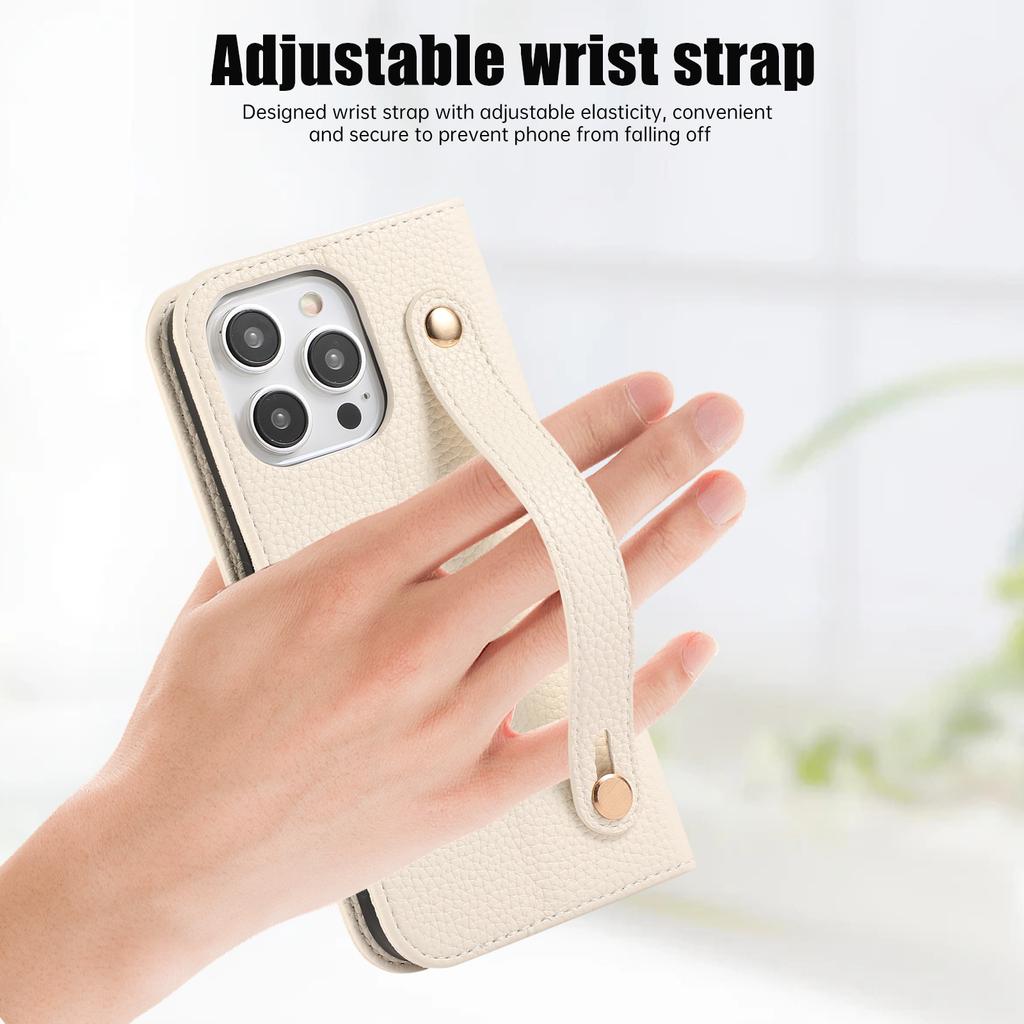 For iPhone 15 Pro Max Leather Case with Card Holder,Straps,Shockproof Wallet Phone Cover