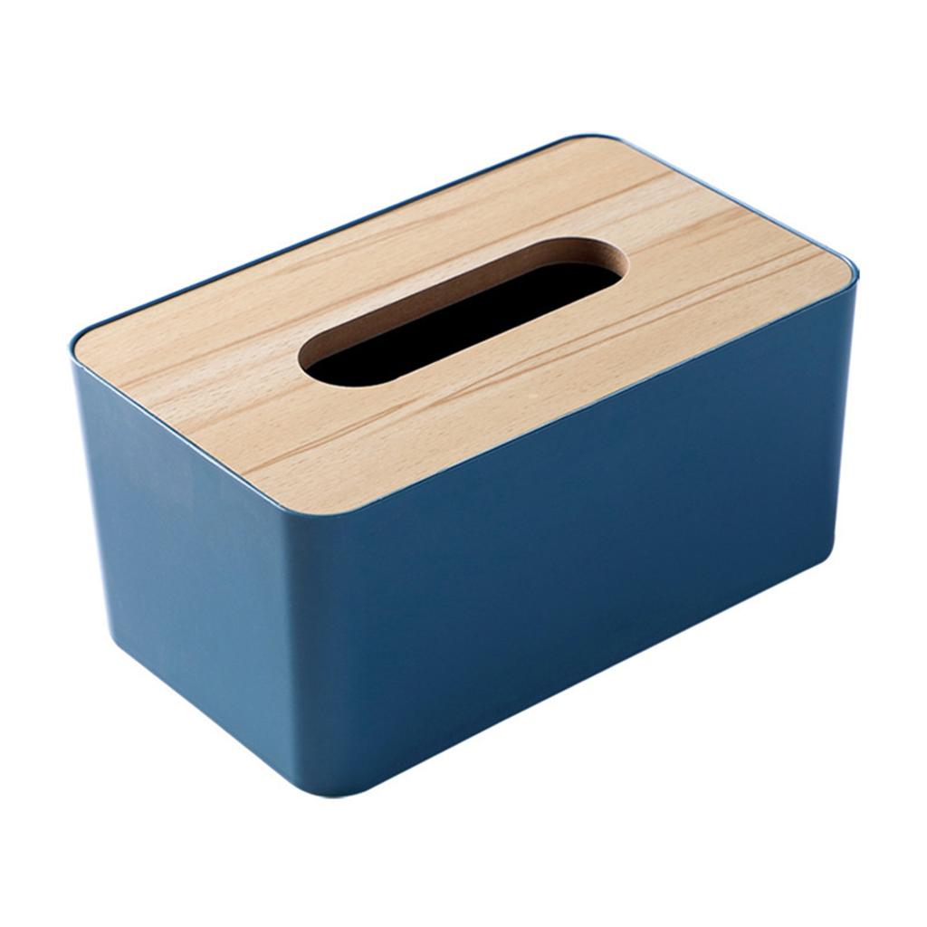 Desktop Tissue Box Rectangular Plastic Tissue Organizer Box Cover with Wooden Lid for Home Blue