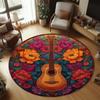 Hawaiian Ukulele Hibiscus Round Rug Tropical Botanical Pattern Non Slip Floor Mat for Boho Decor