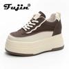 Fujin 9cm New Genuine Leather Casual Chunky Sneakers Wedge Platform Wedge Comfy Pumps Fashion Women Shoes Vulcanize Mixed Color
