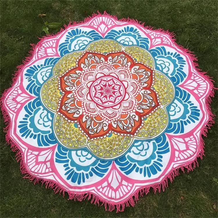 Microfiber Beach Towel Tassel Indian Mandala Tapestry Lotus Printed Bohemian Bikini Cover-Up Blanket Bath Towel