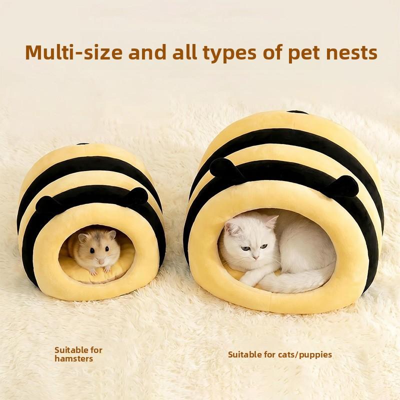 Cute Bee Shape Semi‑Enclosed Pet Bed Soft Plush Cat Dog Cave House Warm Cushion Washable Small Pet Sleeping Nest