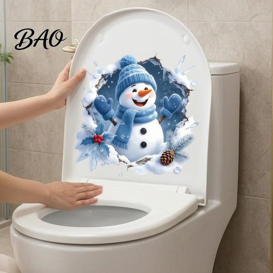 Indoor Outdoor Winter Holiday Decals Christmas Snowman Toilet Stickers, 3D Bathroom Wall Decals, Glass Door Stickers Waterproof PVC Window Seat