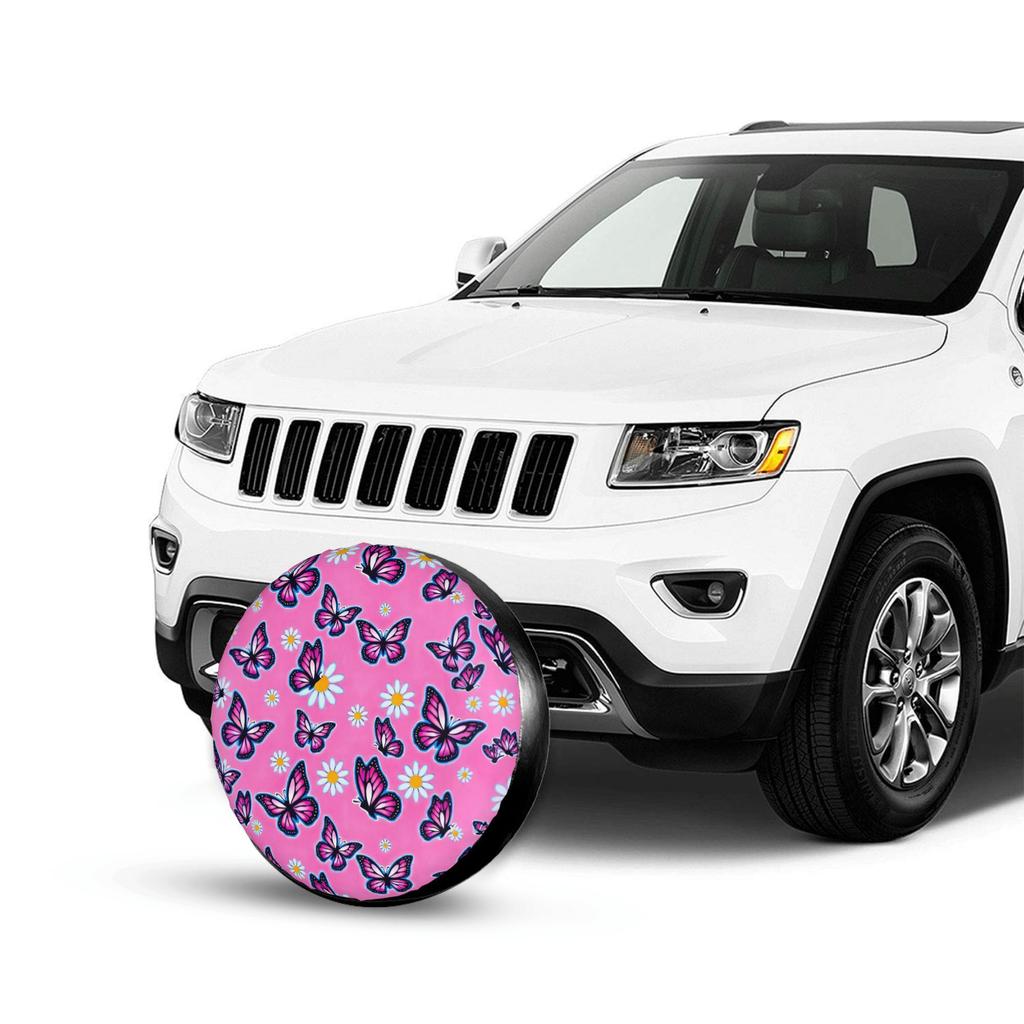 1pc Powder Butterfly Daisy Is Full Of Prints Car Spare Tire Protection Cover, Suitable For 14 Inch, 15 Inch, 16 Inch, And 17 Inc