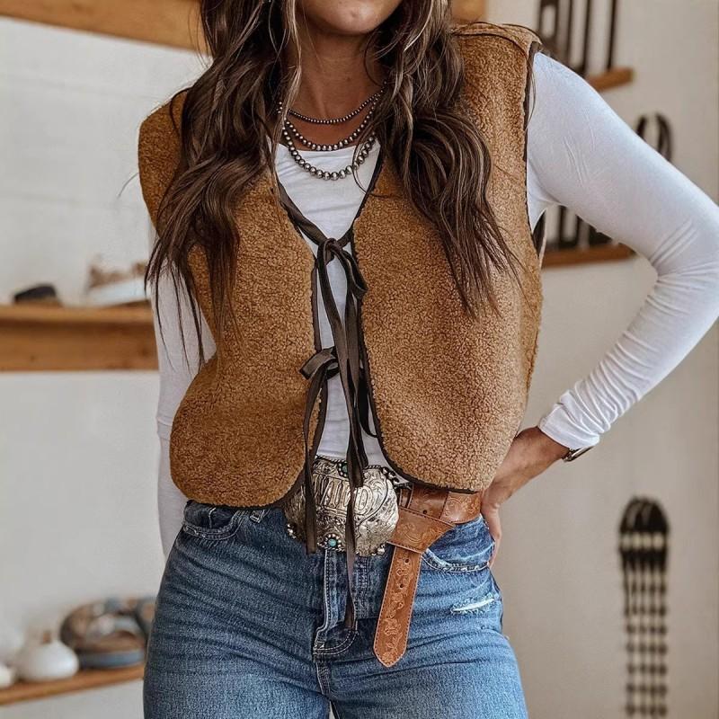 Womens Short Loose Fleece Vest With Tie Front Detail Casual Layering Top Winter