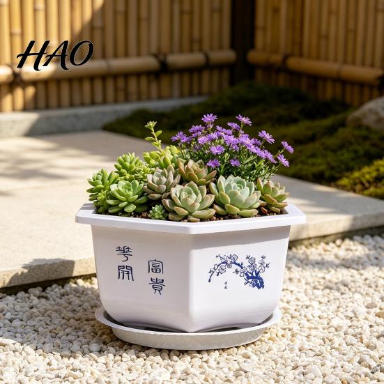 Lightweight Plastic Pots for Porch Hexagonal Flower Pot with Drainage Holes & Saucer Indoor Outdoor Plants, Durable Weather Resistant Spacious