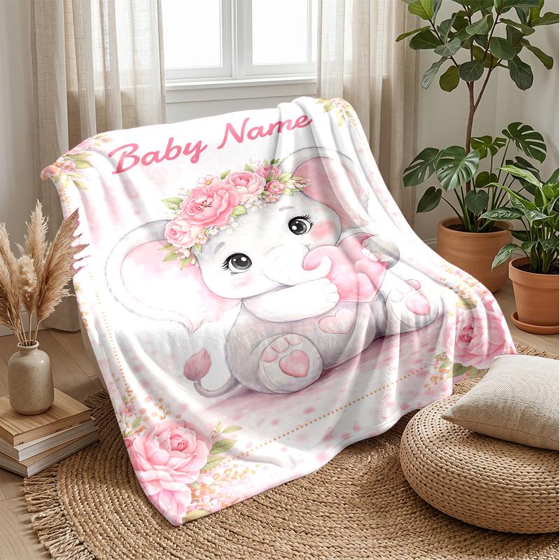 Pink Floral Elephant Card Theme blanket Lightweight Warm Flannel Blanket Decorative Throw Blanket for Home Decoration